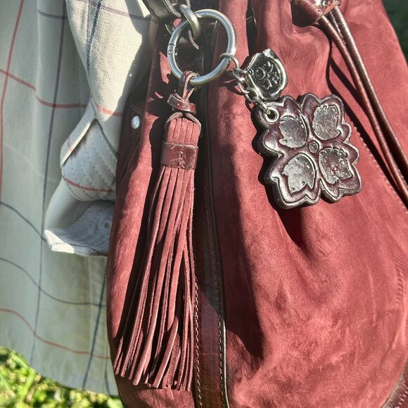 Patricia Nash Melrose Brushed Italian Nubuck Drawstring Bucket Bag Plum Key Fob - Picture 7 of 16